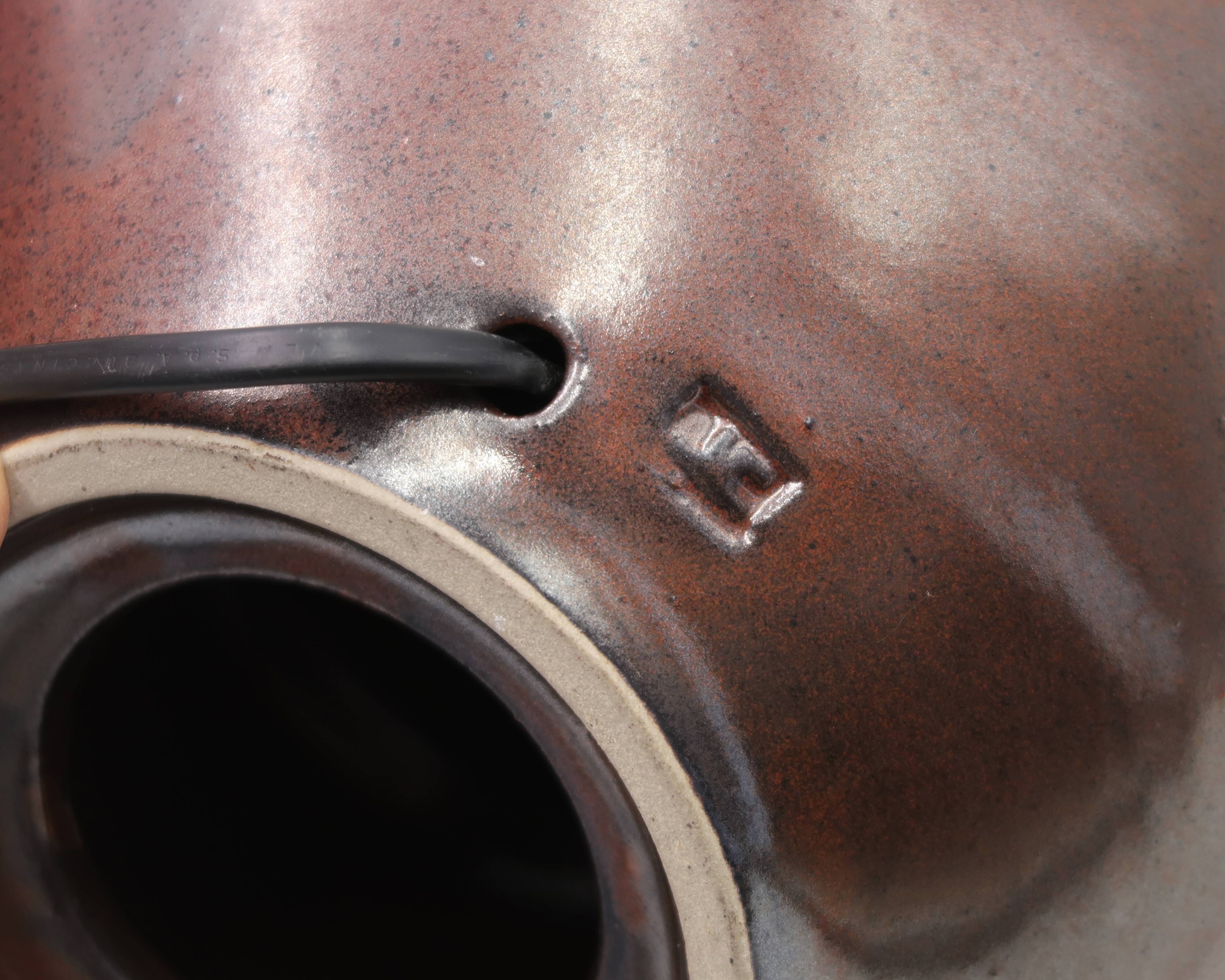 Ceramic and brass lamp by Jean Cacheleux, abstract decor, 1970s