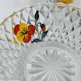 Vintage glass fruit salad serving set with a pansy design.