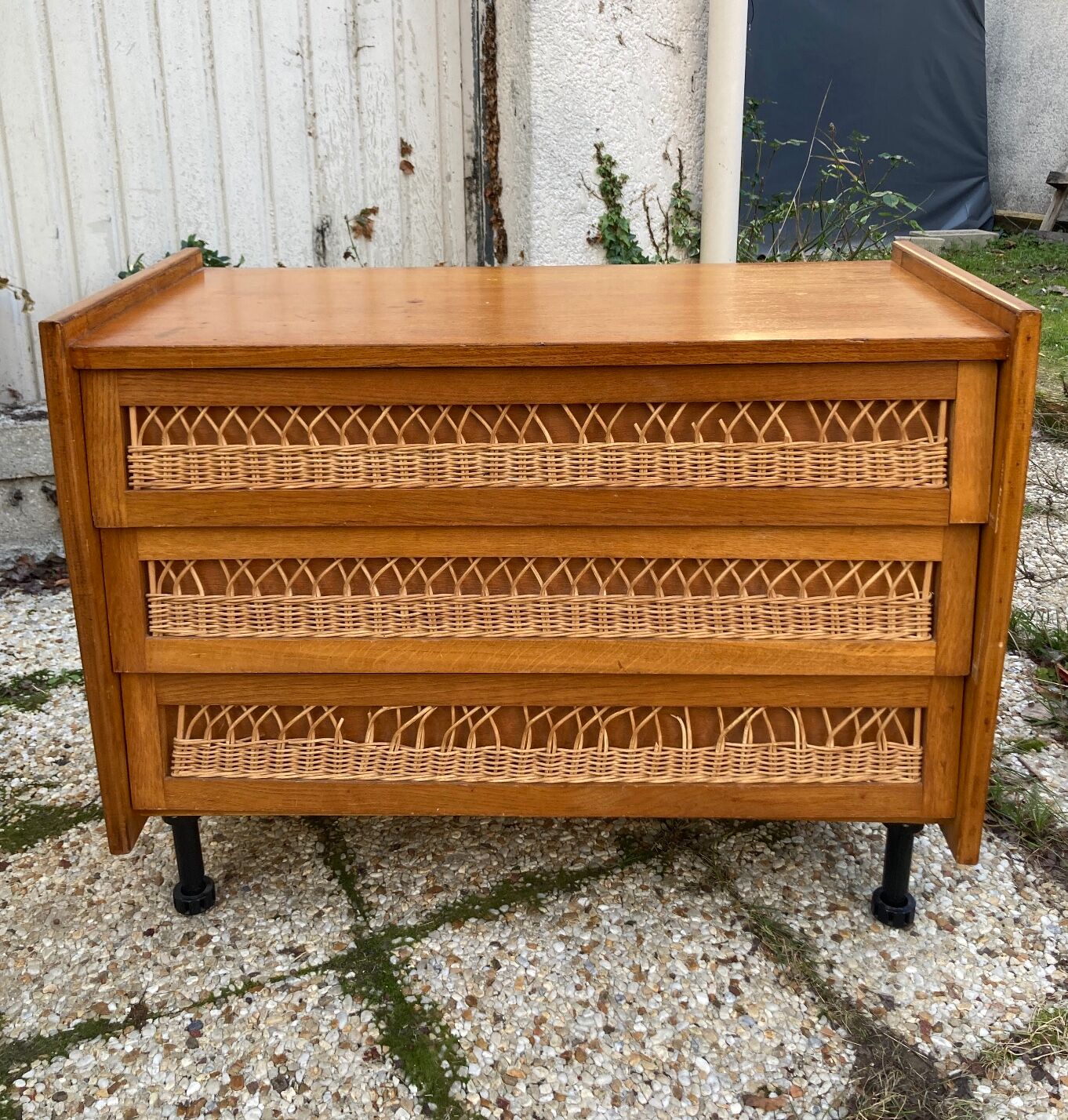 Rattan chest of drawers and vintage wood