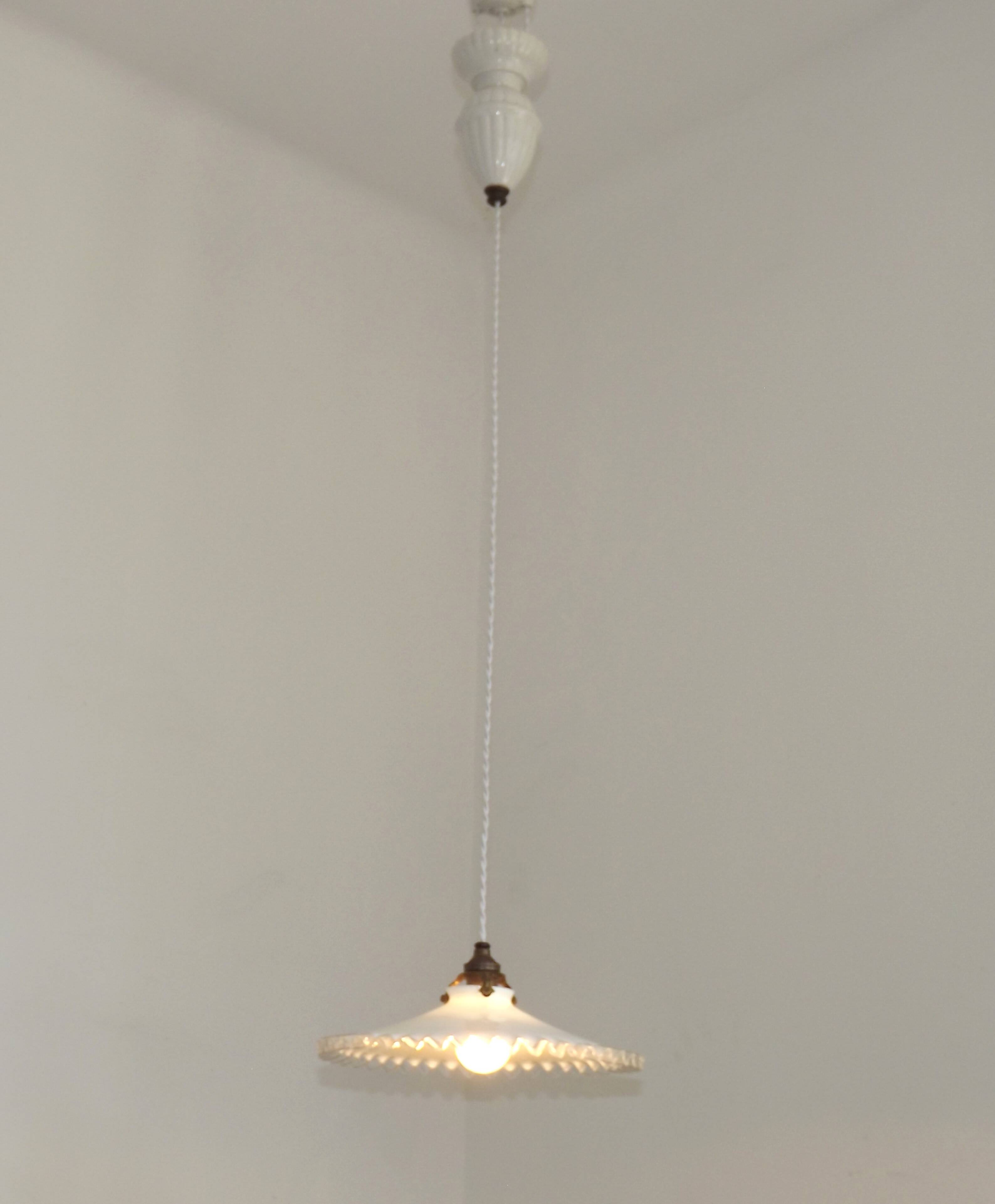 French Counter Balance Ceiling Light White Porcelain & Opaline Glass Shade