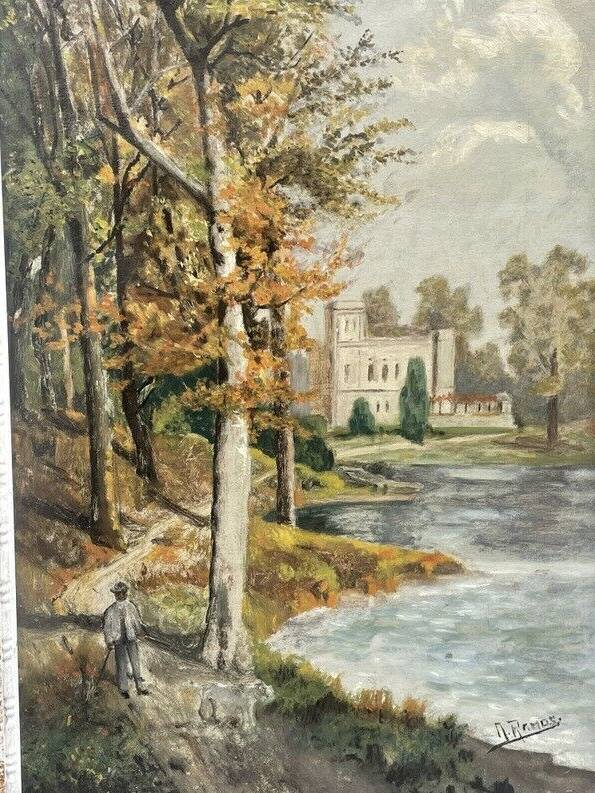 Oil on panel, animated landscape of a walker, Signed Ramos, early 20th century