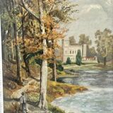 Oil on panel, animated landscape of a walker, Signed Ramos, early 20th century
