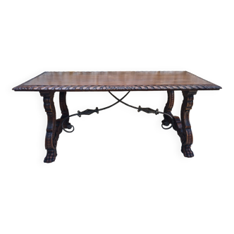 Spanish table in solid oak carved and wrought iron