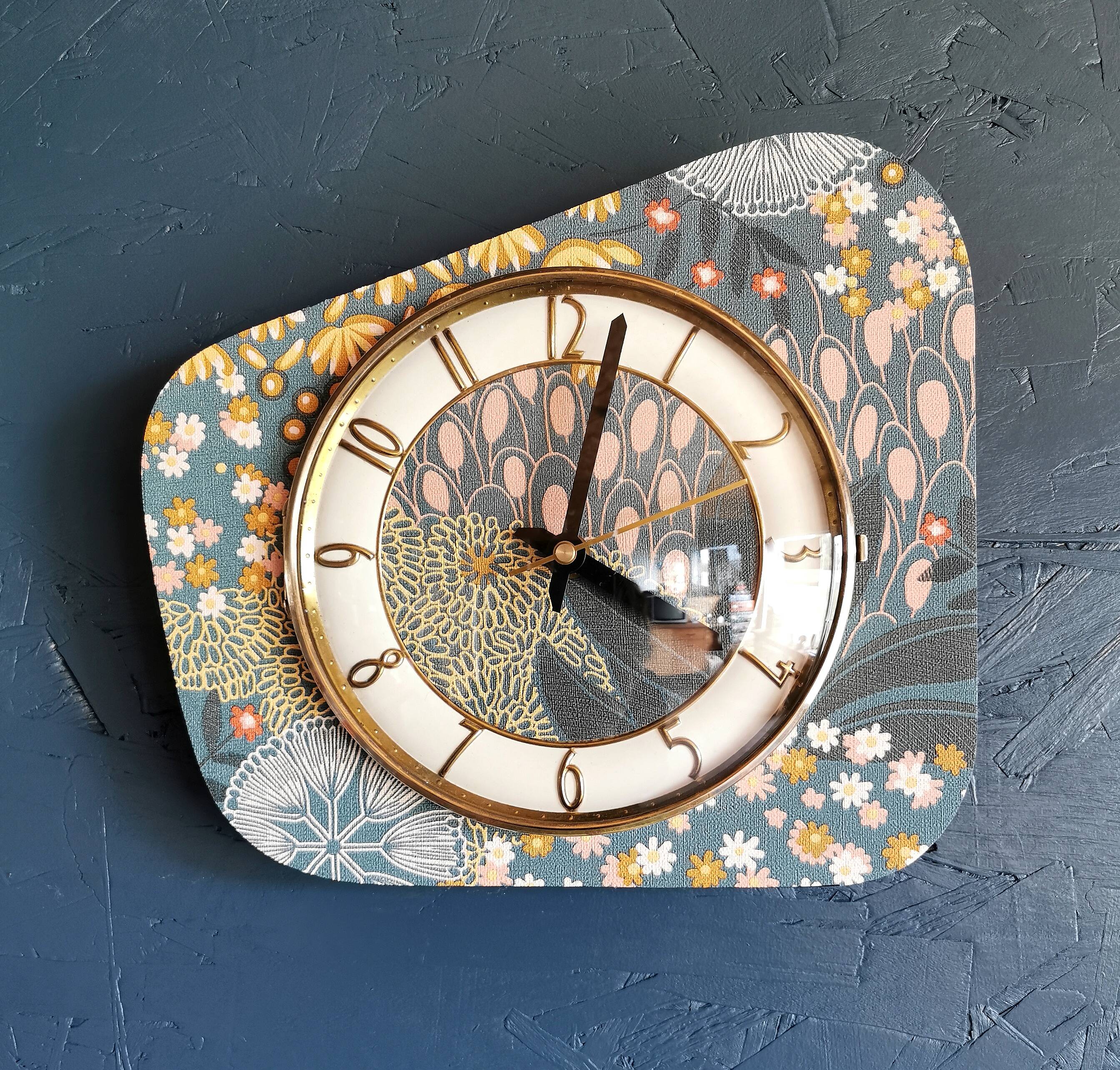 Vintage formica clock silent asymmetrical wall pendulum "Pink ocher blue"