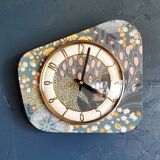 Vintage formica clock silent asymmetrical wall pendulum "Pink ocher blue"