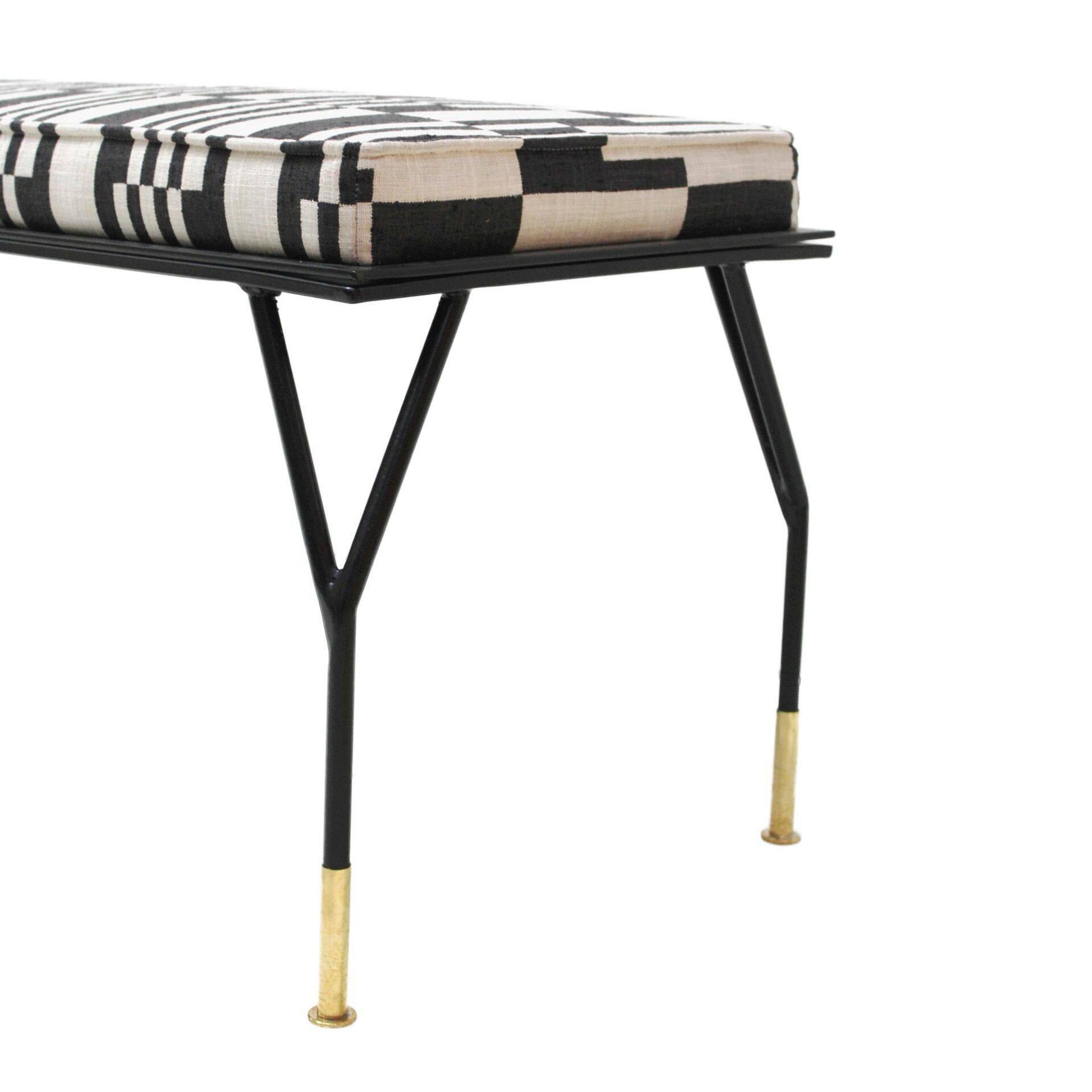 Modern Black Lacquered Iron and Patterned Fabric, 1970s Italian Stool