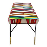 Mid Century Modern Rectangular Footstool with Geometric Multicoloured Fabric