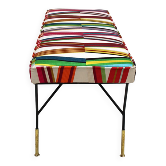 Mid Century Modern Rectangular Footstool with Geometric Multicoloured Fabric
