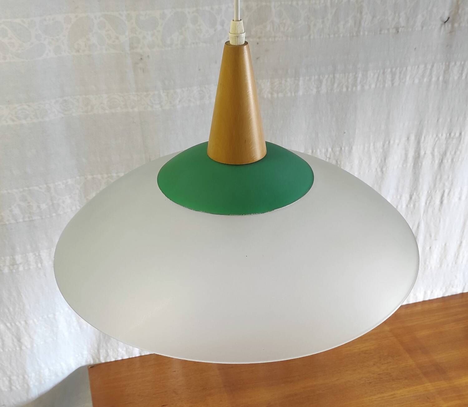 Scandinavian style pendant light in glass and wood - late 20th century