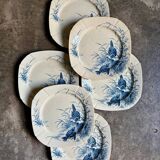 6 blue ironstone flat plates from Gien, "Birds" service, circa 1870, no. 1