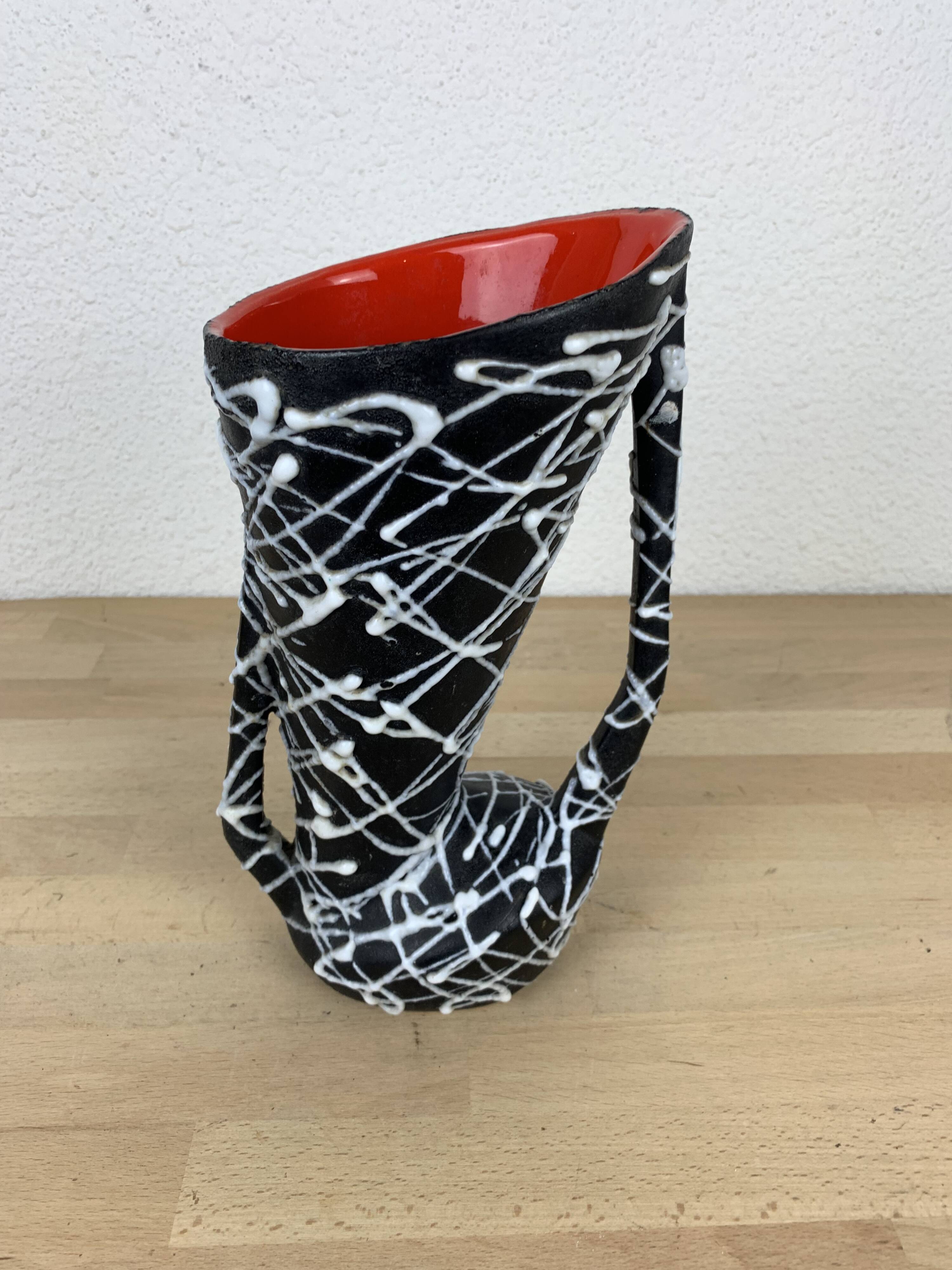 Spaghetti vase free form ceramic Vallauris 50s, red and black