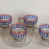Four vintage coffee cups screen printed glass and metal