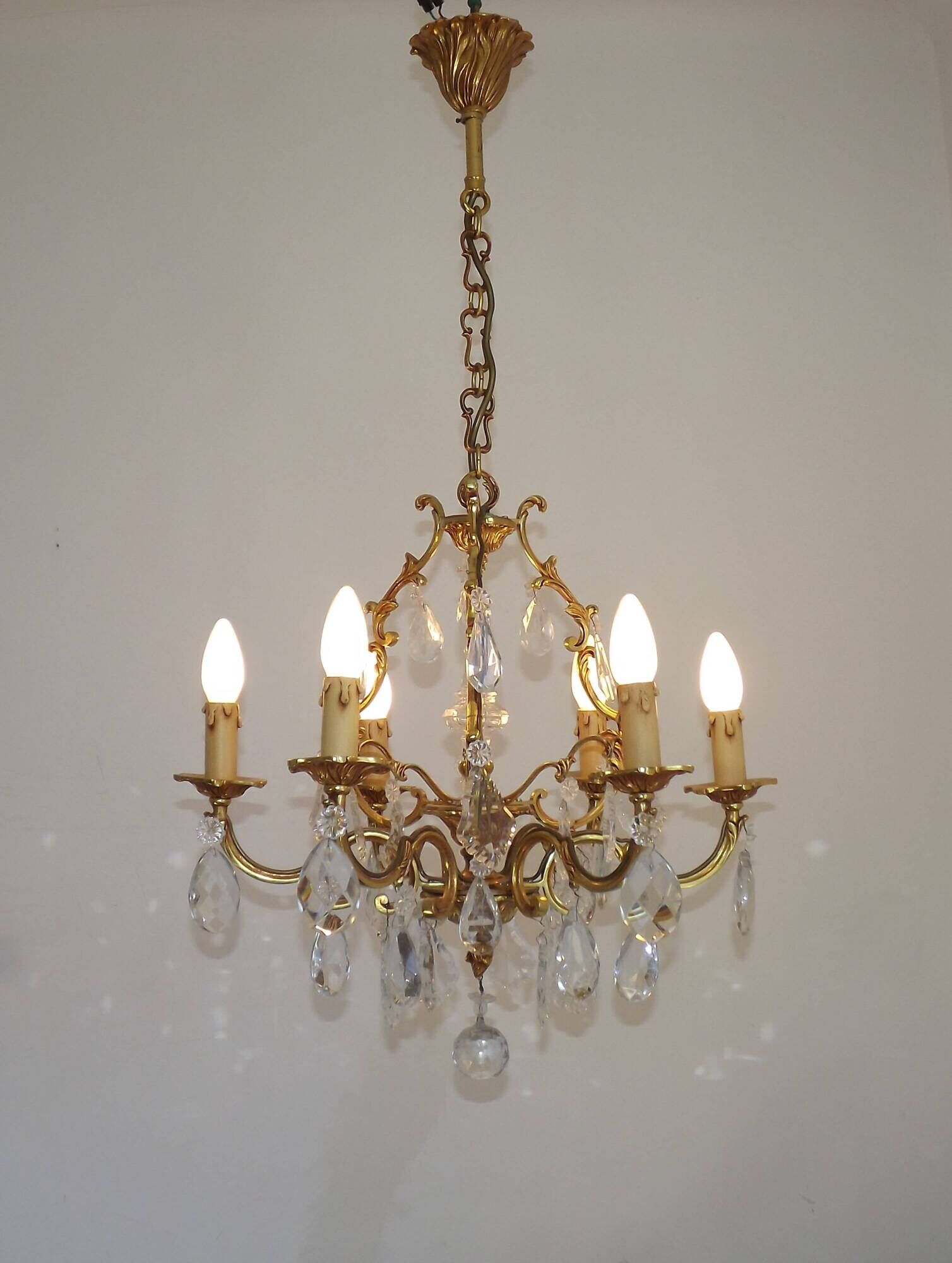 Mid Century Louis XV style cage chandelier - 6 arms - Brass and Crystal