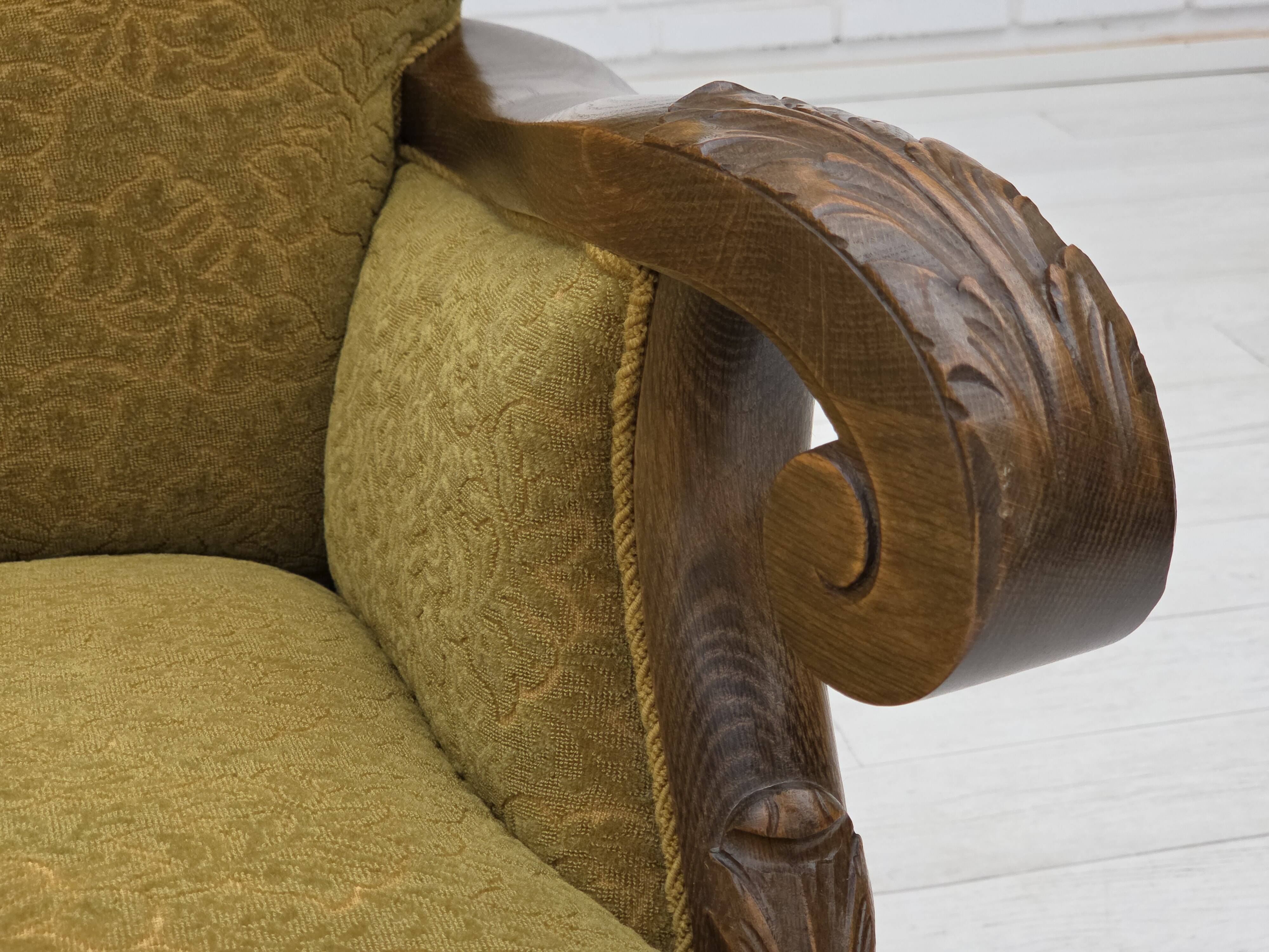 1960s, 3-seater Danish sofa, cotton/wool furniture fabric, solid oak wood.