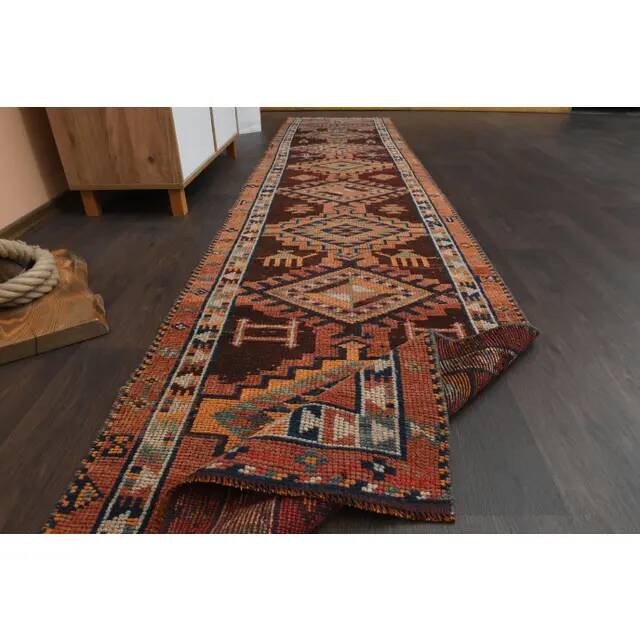 1970s Vintage Turkish Handmade Wool & Cotton Orange Runner Rug 80x356