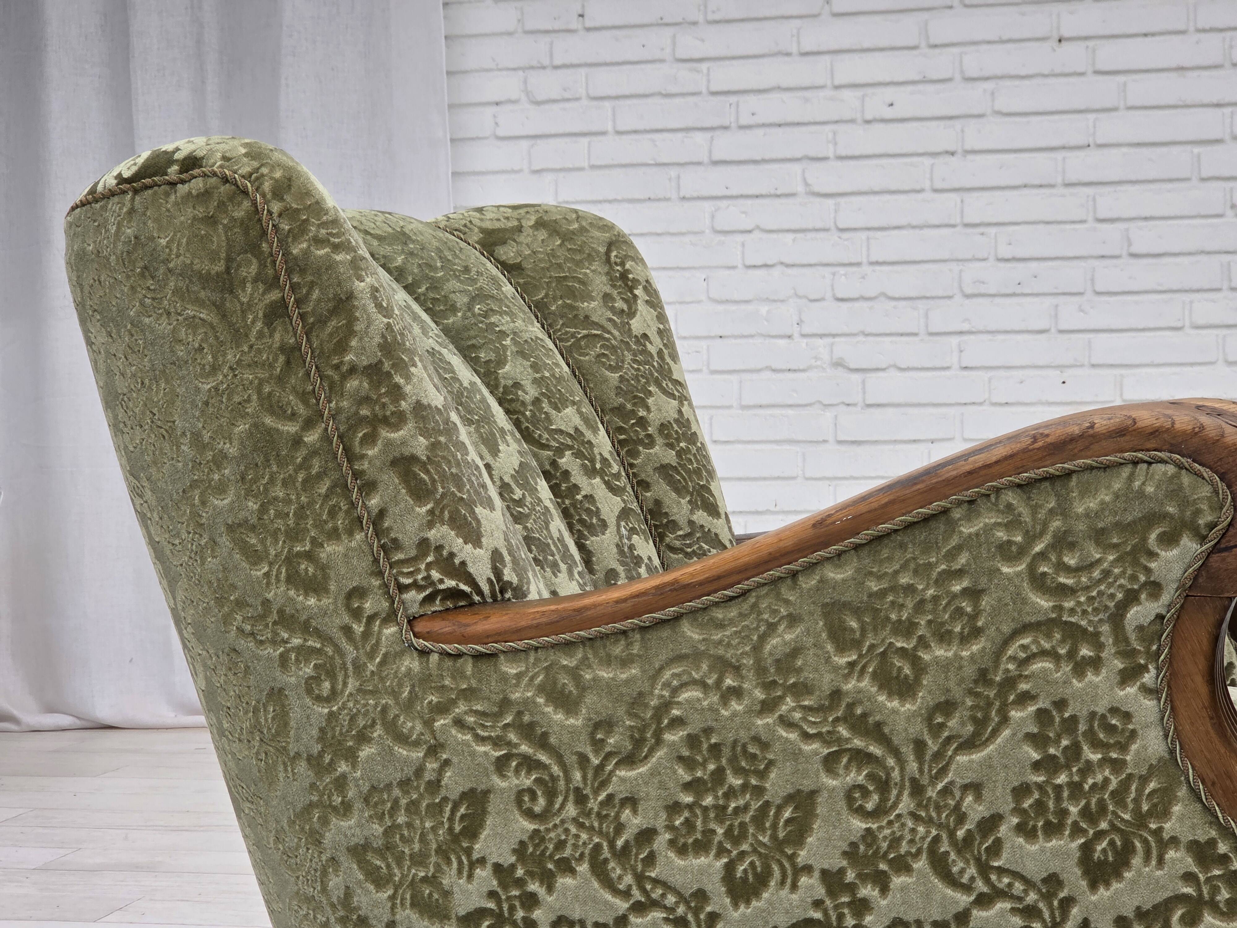 1960s, Danish armchair, green furniture velour, solid oak wood.