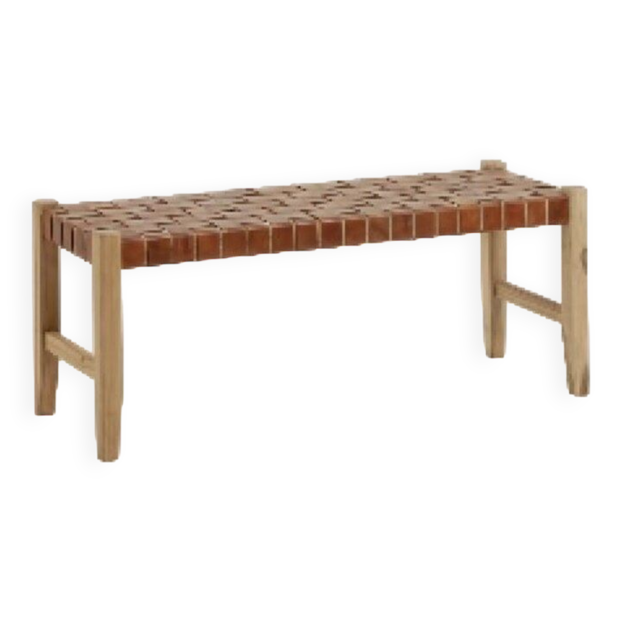 Wooden and woven leather bench, 80 cm