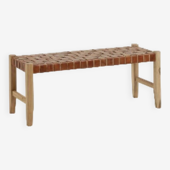 Banc en bois et cuir tressé, 80 cm