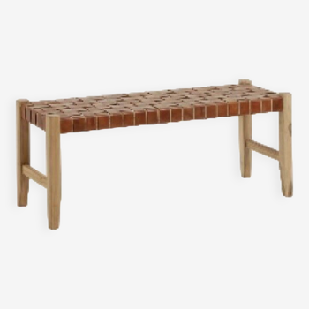 Bench in wood and woven leather, 80 cm