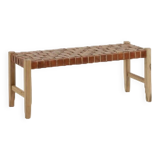 Wooden and woven leather bench, 80 cm