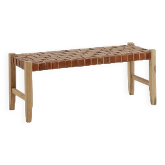 Banc en bois et cuir tressé, 80 cm