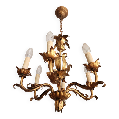 Lustre vintage Florentiner en feuille d'or doré, forgé à la main, Italie.