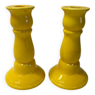 Ensemble de 2 bougeoirs en céramique jaune vintage