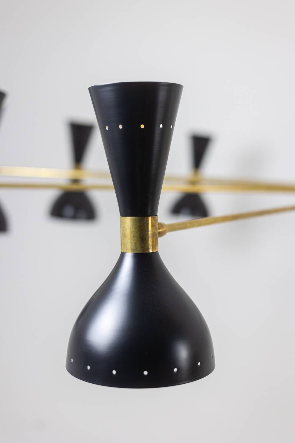 Black lacquered metal 12-arm light chandelier. Contemporary.