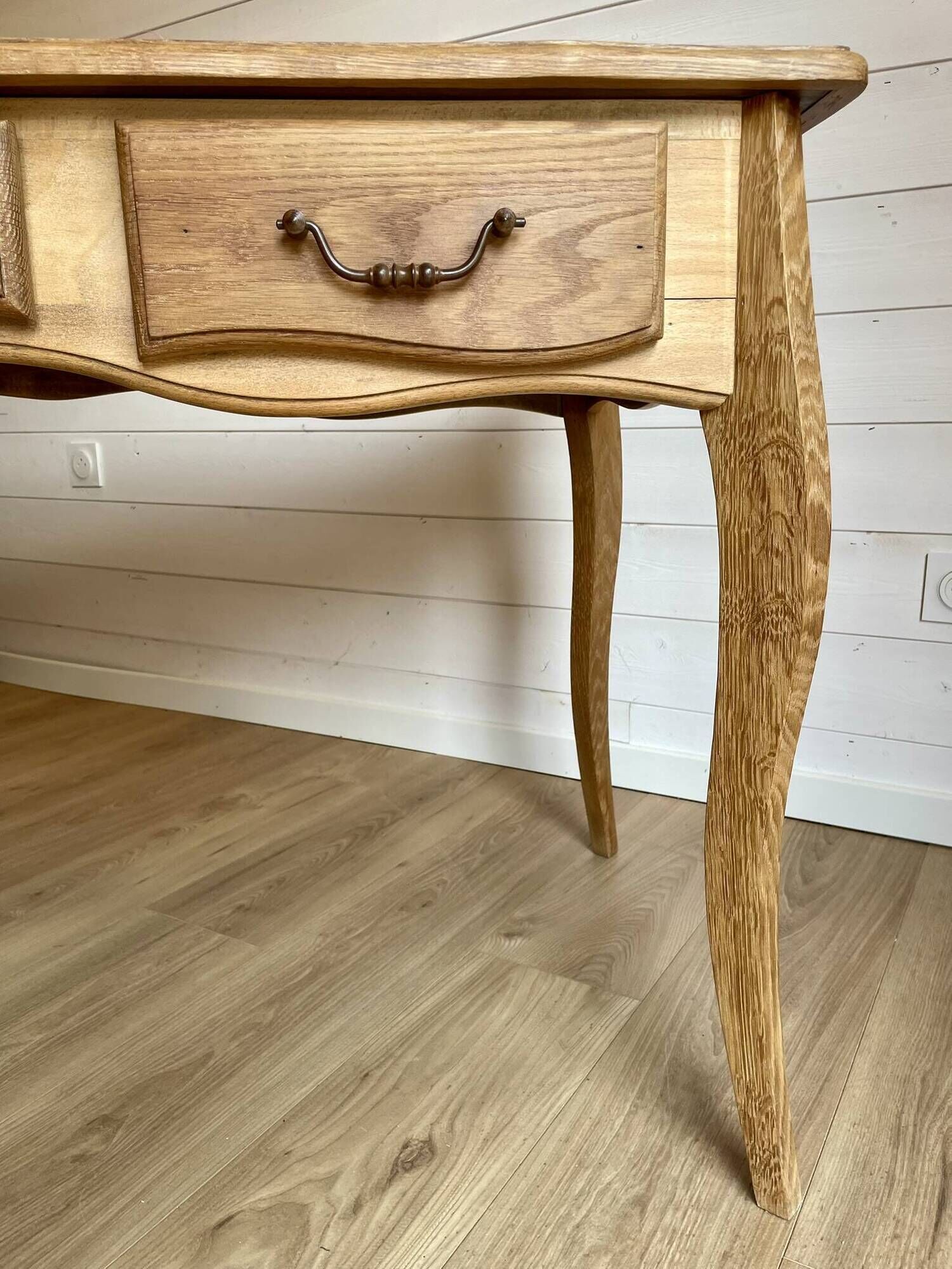 Vintage light wood desk with 3 drawers in Louis Philippe style, chic country.