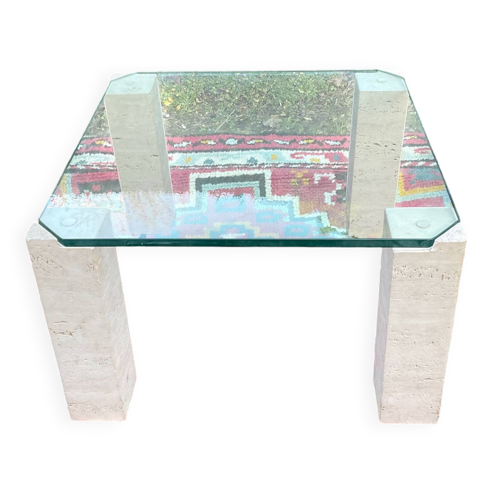 Table basse vintage en travertin et verre