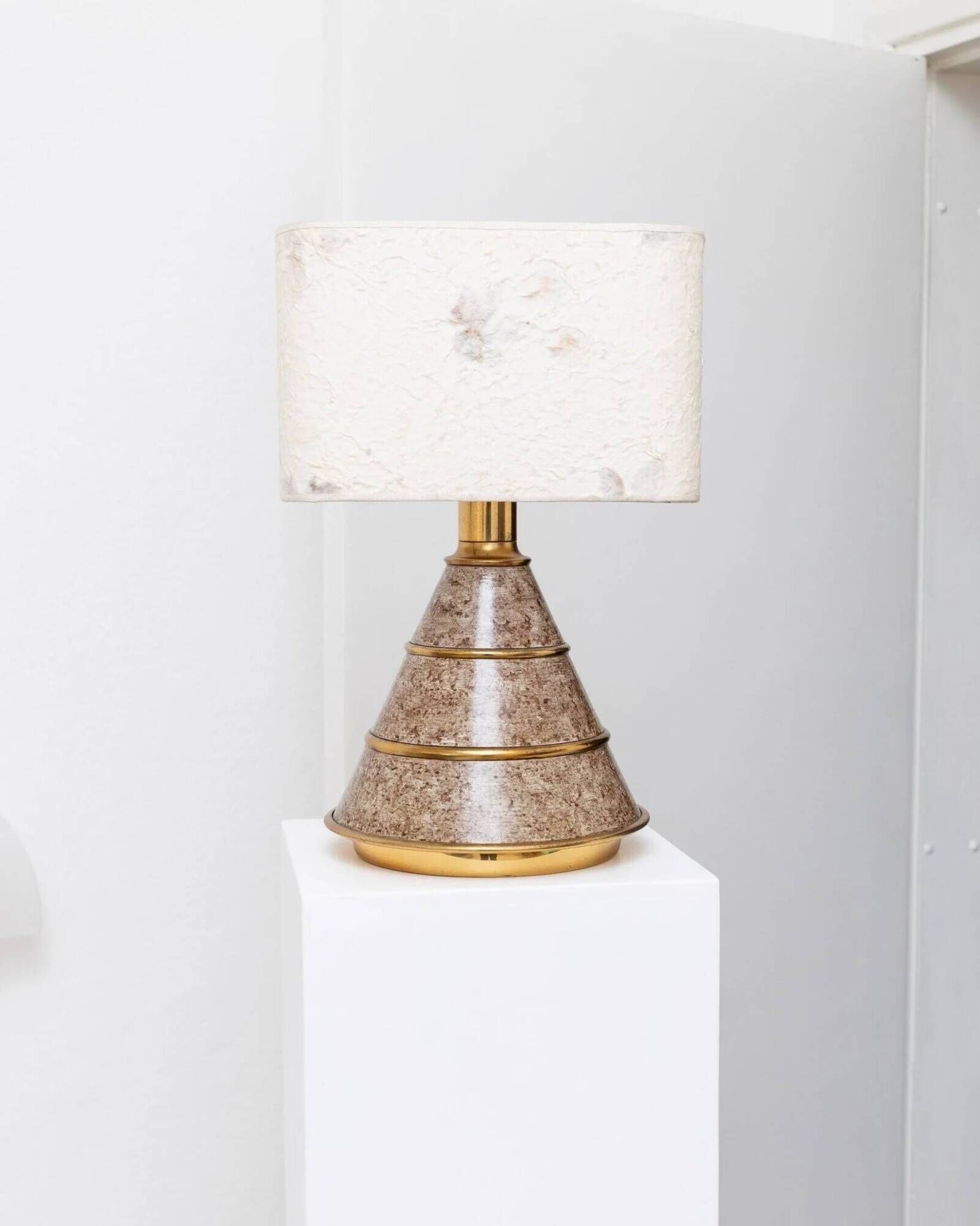 Brown ceramic mid-century table lamp with cream handmade paper floral shade and brass accents