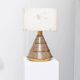 Brown ceramic mid-century table lamp with cream handmade paper floral shade and brass accents