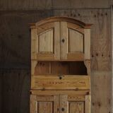 Old Danish secretary in pine with drop-down front and upper cabinet, mid-19th century.