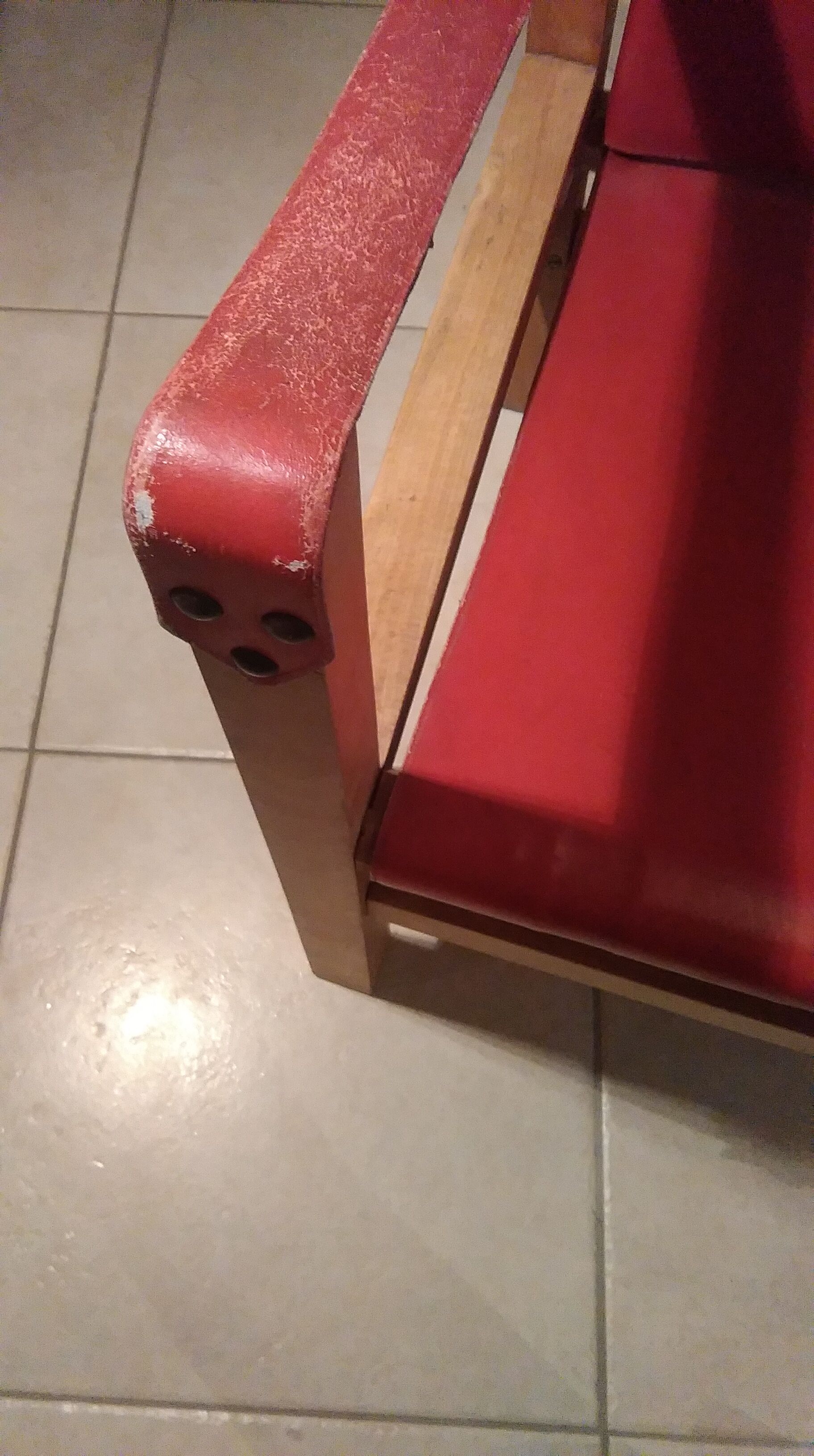 Wood and red leather armchair 60