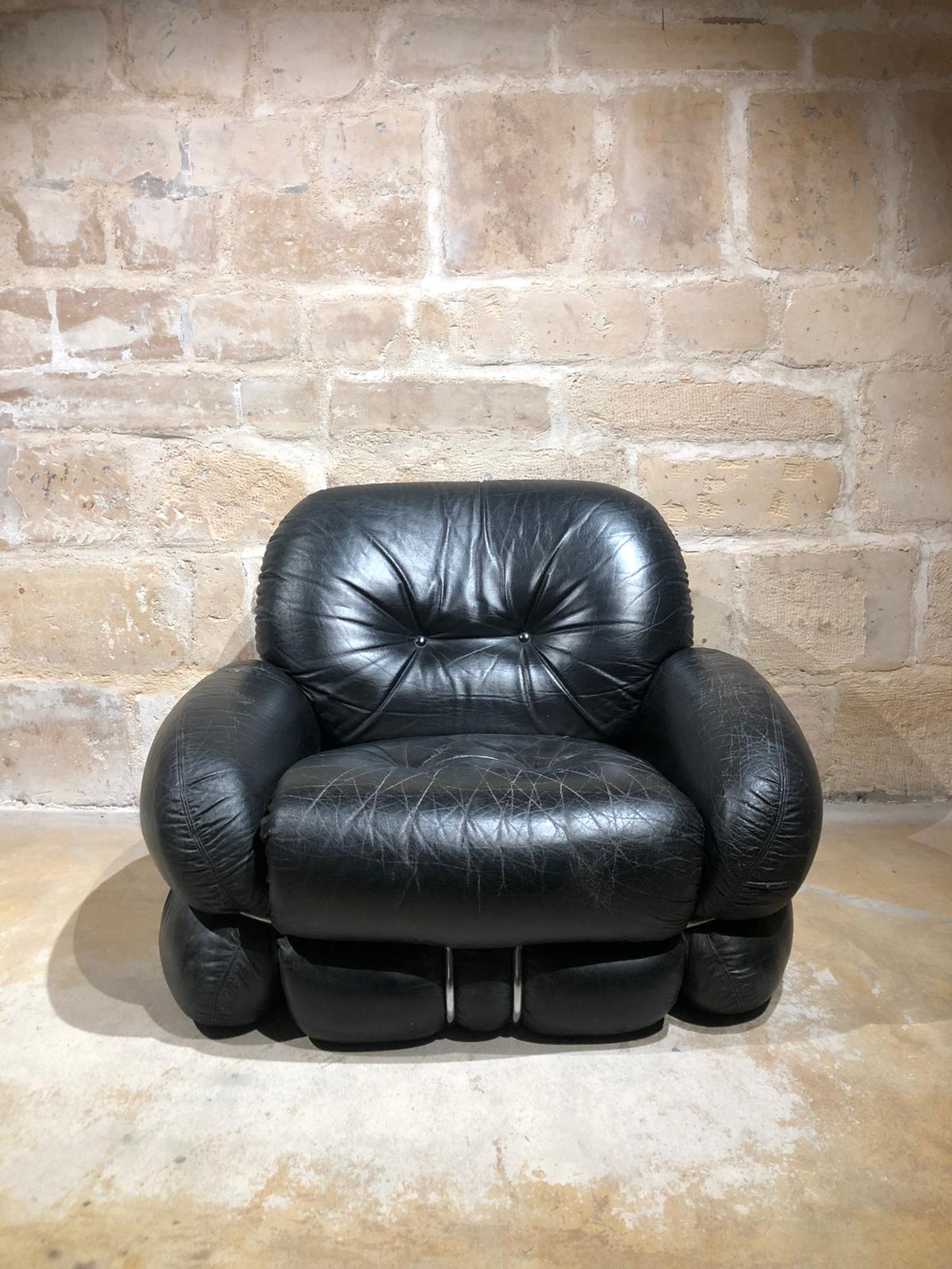 Pair of black leather armchairs by Adriano Piazzesi