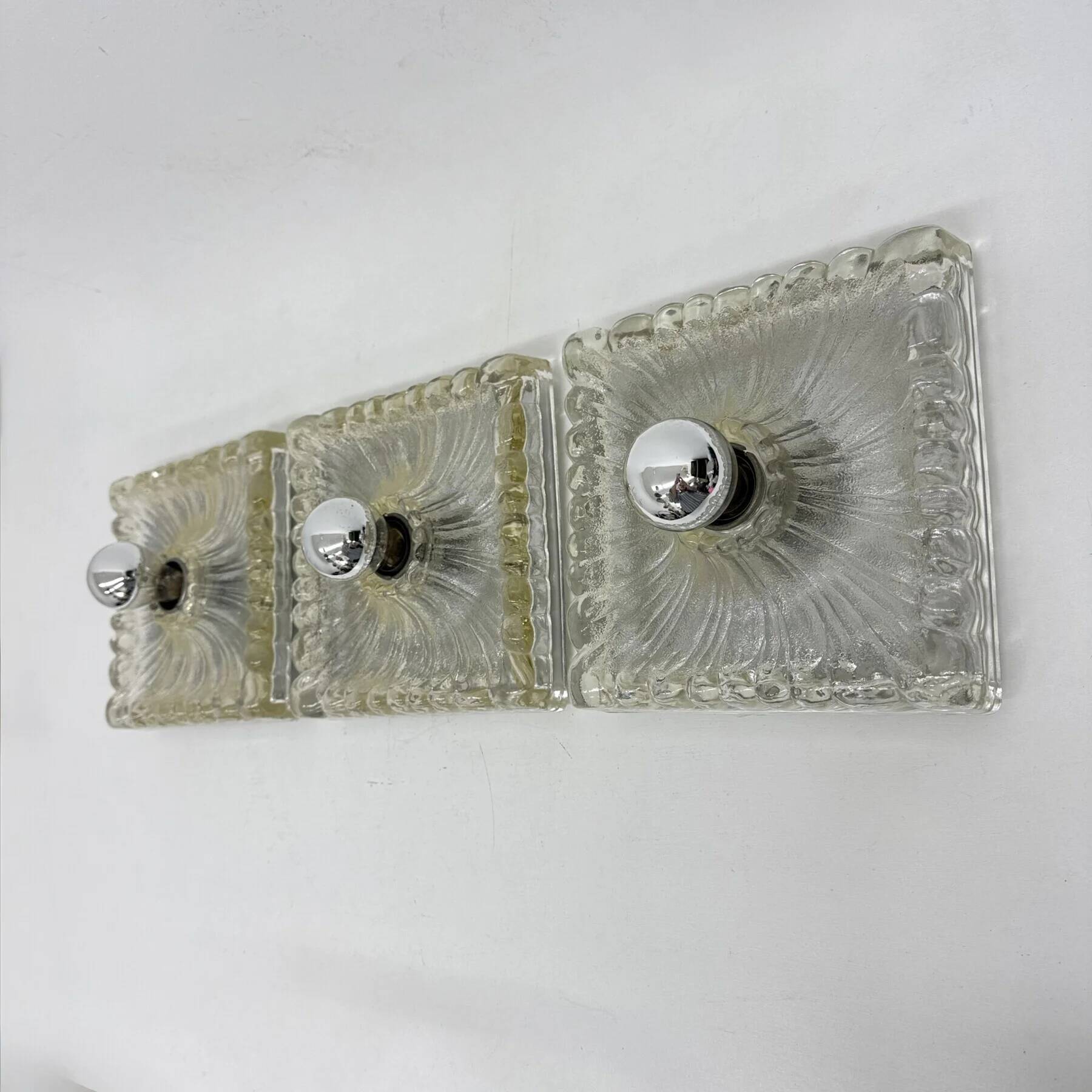 Hustadt Leuchten ice glass wall lamp sconce set of 3, 1970s Germany