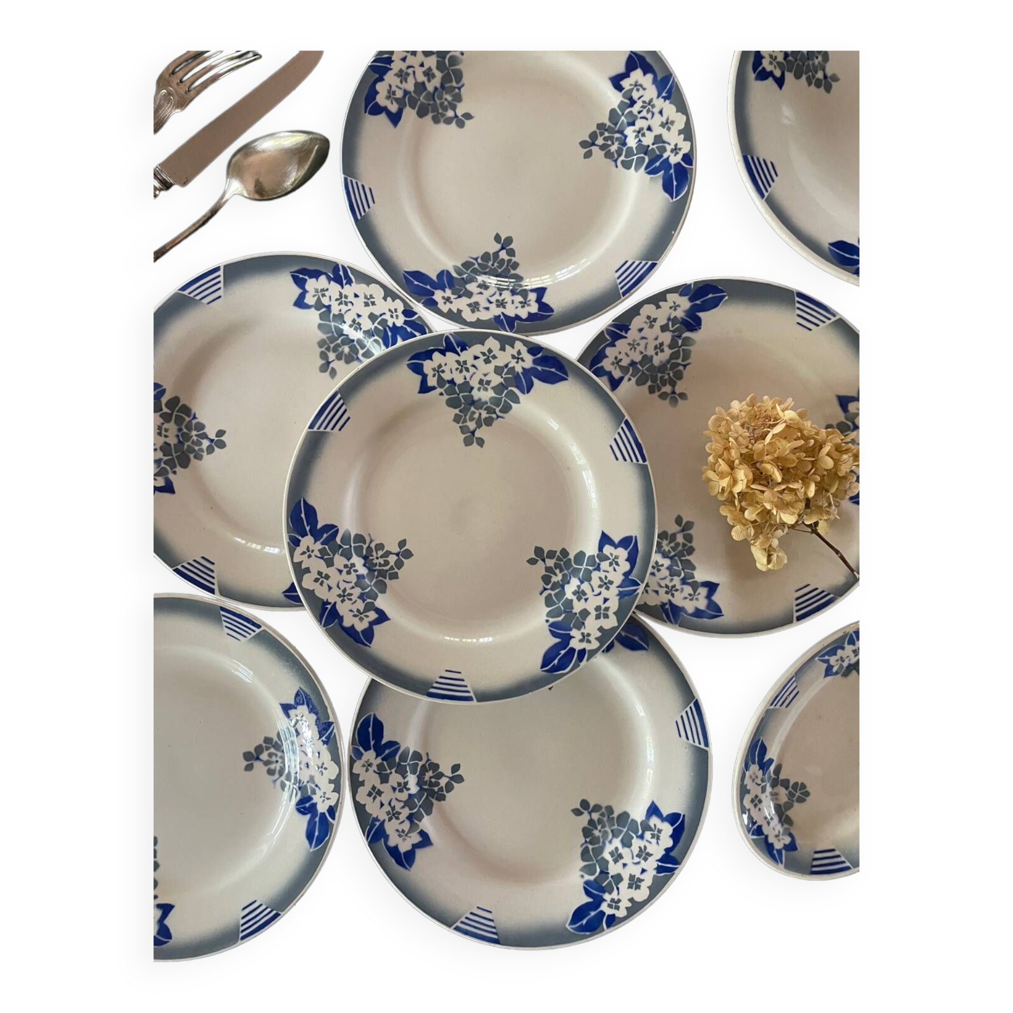 Lot 6 flat plates, 1 dish, 1 Ceranord Saint Amand Vintage 1950s dish