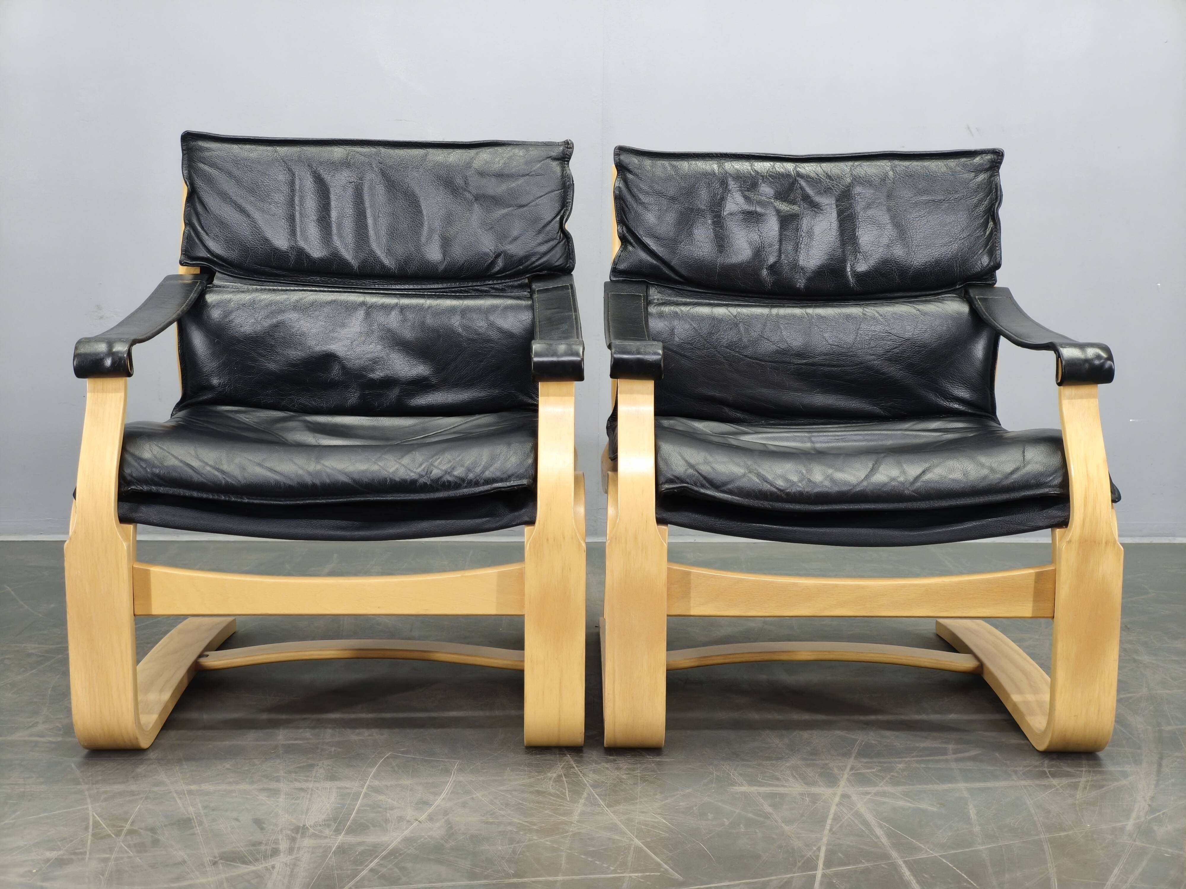 Pair of Leather Lounge Chairs by Åke Fribytter for Nelo Kroken 1960s
