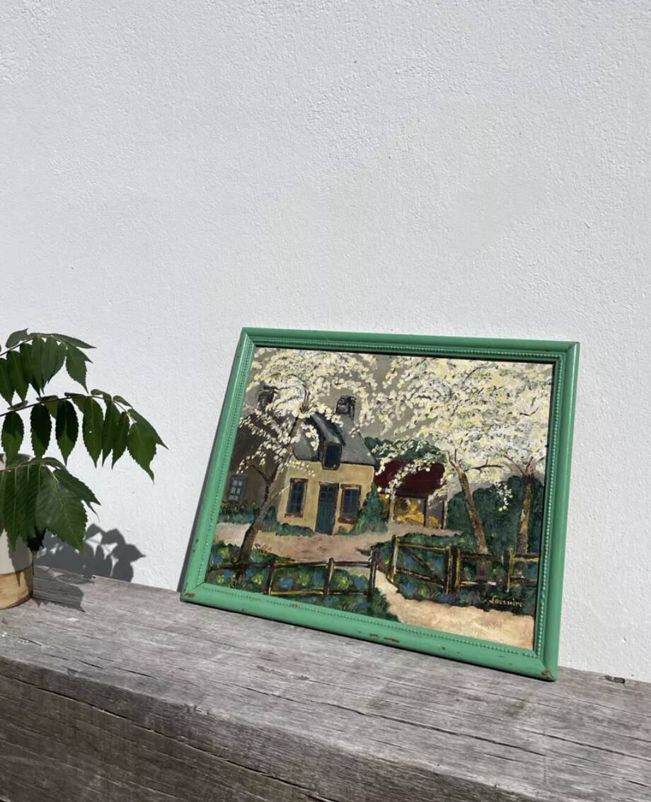 Painting of a farm in a landscape, oil on canvas with frame