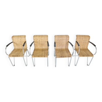 Gispen Set Of 4 Diagonal Wicker& Tube Frame Armchairs, 1930's Dutch Design