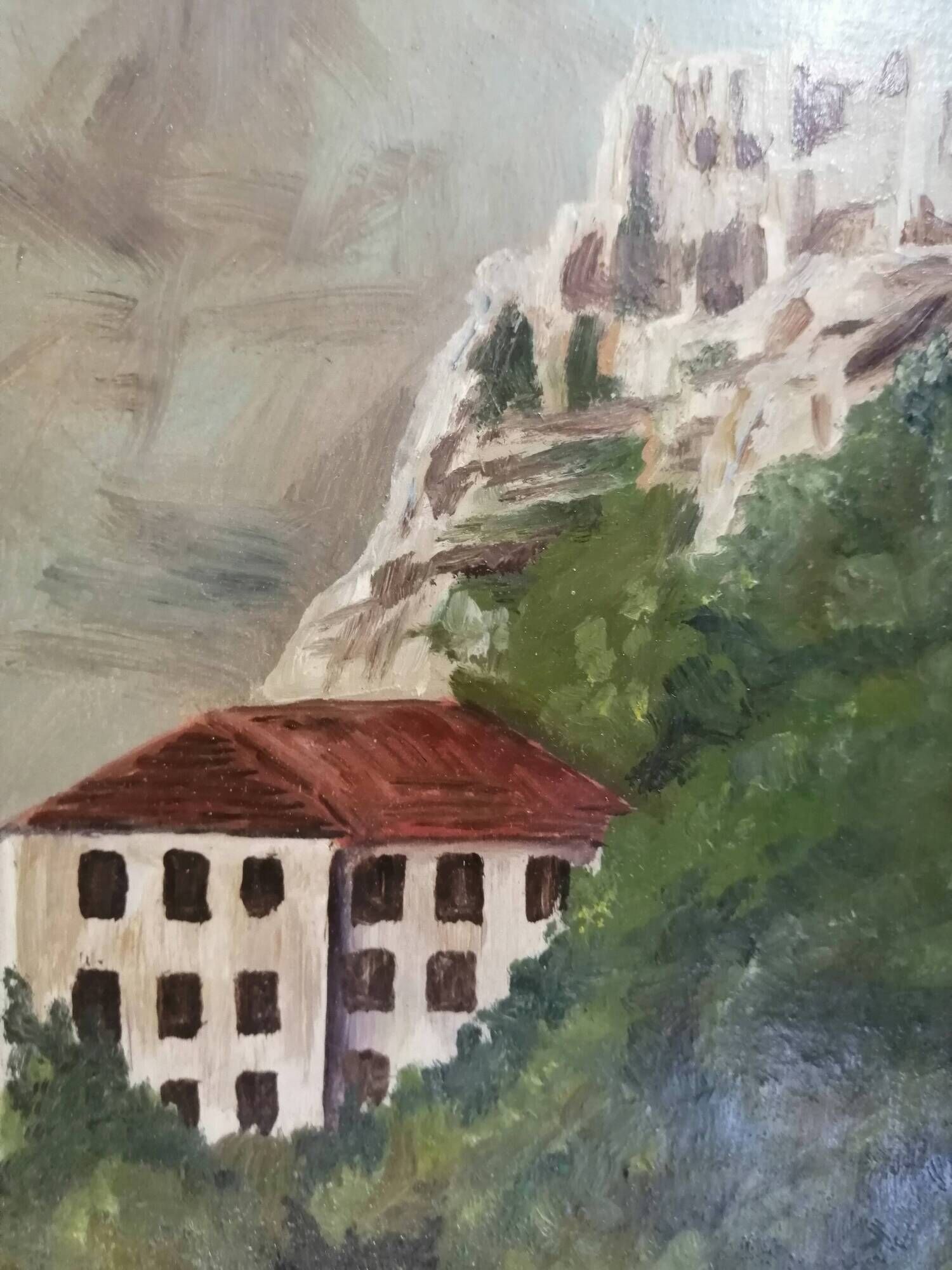 The Castle of Petrarch and the Oil Sorgues on ancient panel.