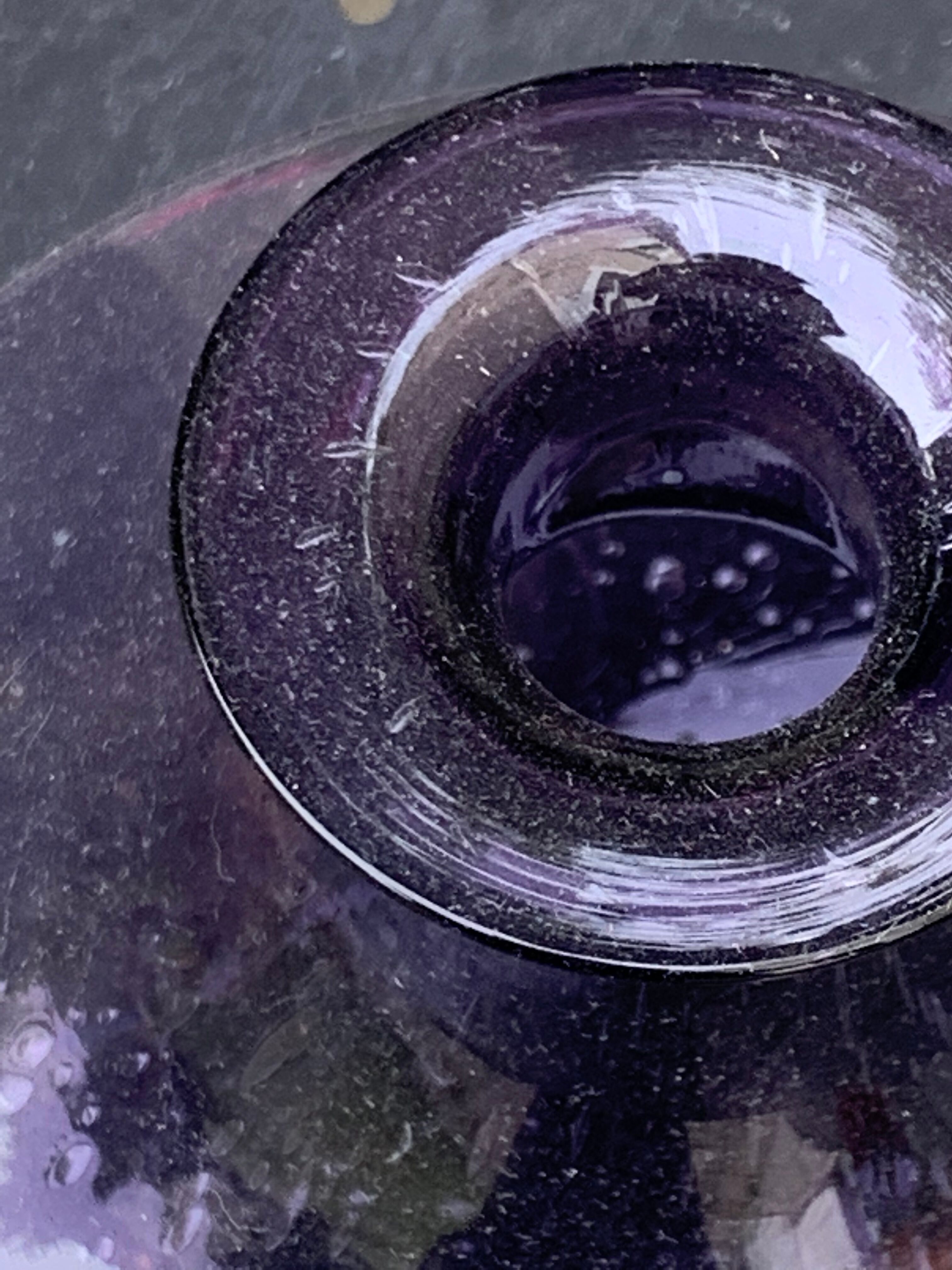 Bubble and purple blown glass decanter and faceted cut glass cap