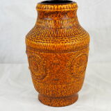Vase with round reliefs and textured friezes, vibe seventies speckled ochre - Bay Keramik 60s 70s