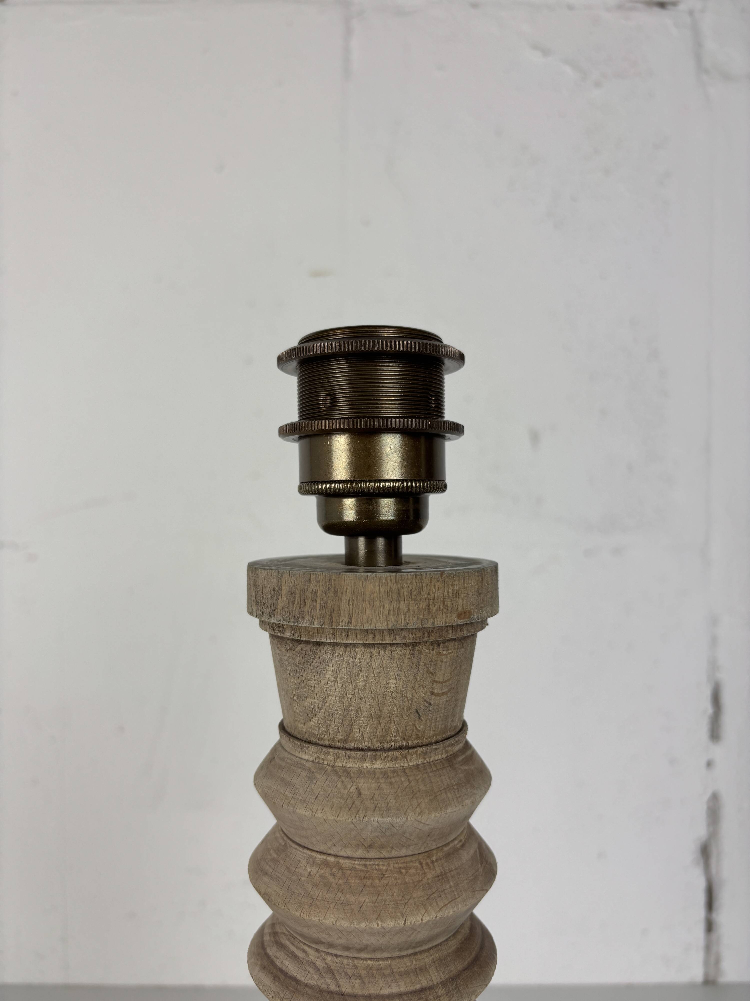 Wabi sabi brutalist wood turned table lamp in the style of Charles Dudouyt