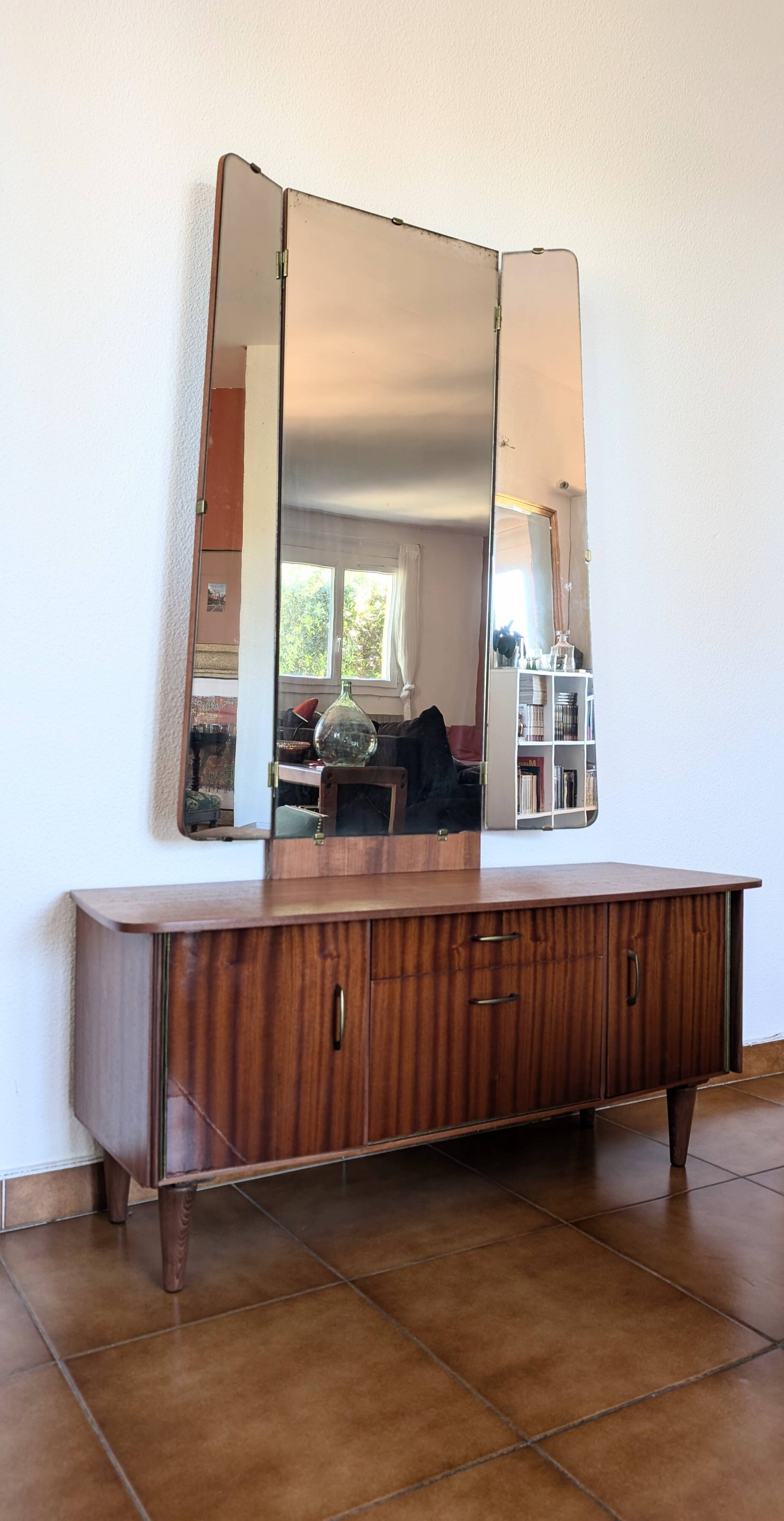 Vintage 70s dressing table with triptych mirror and matching bench.