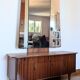 Vintage 70s dressing table with triptych mirror and matching bench.