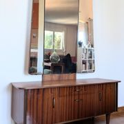 Coiffeuse vintage années 70 avec miroir triptyque & banc assorti