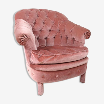 Fauteuil crapaud vintage vieux rose in velours with franges and pampilles |  Selency
