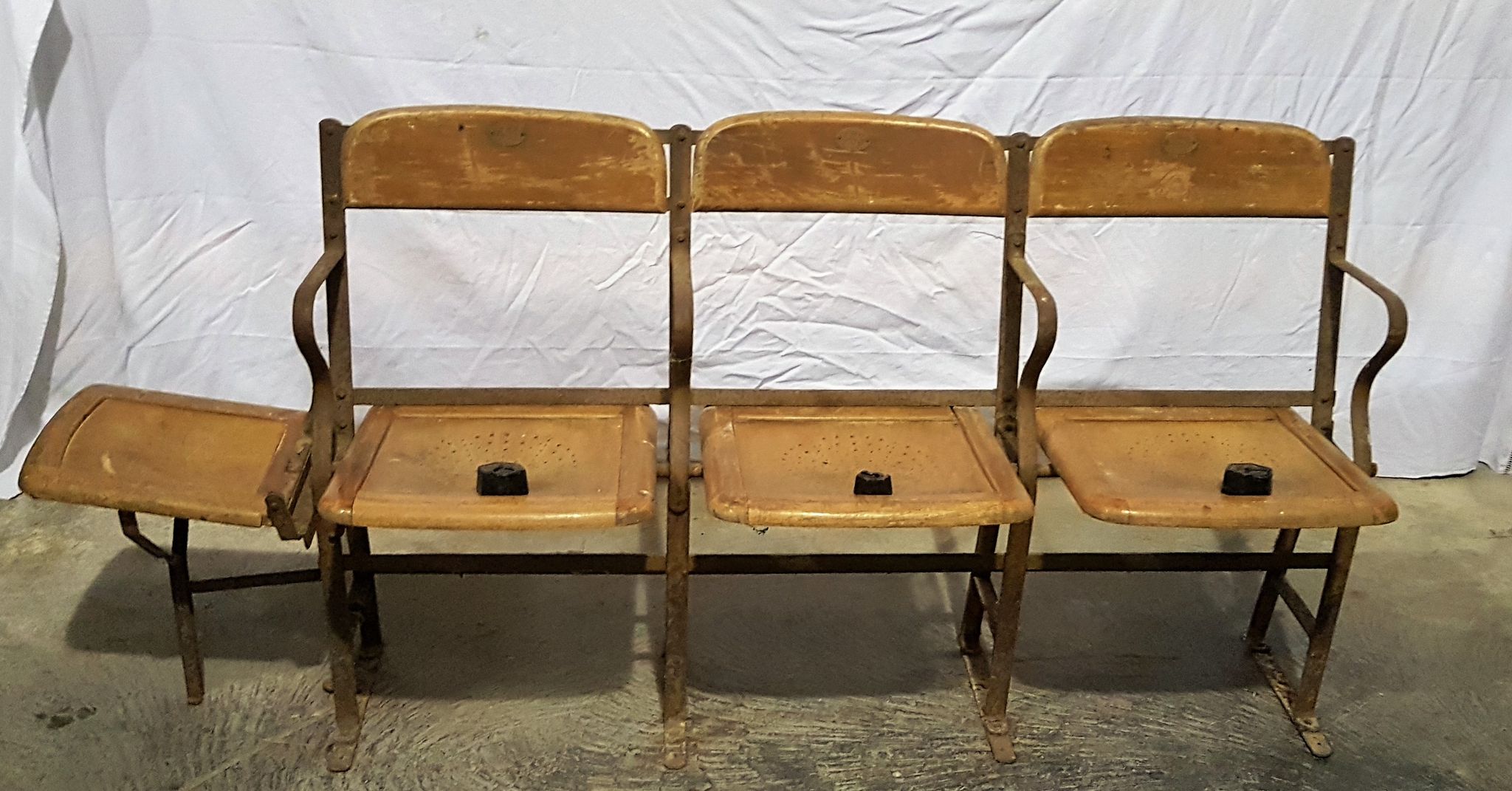 Luterma antique theatre bench circa 1930, vintage wrought iron cinema bench