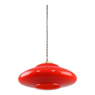 Mid-century red Glass & Brass Saucer Lamp